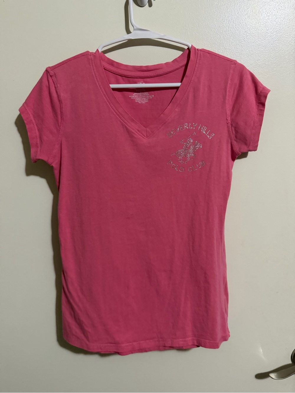 Beverly Hills Polo Club Women's Raspberry Pink V-Neck Tee with Rhinestone Logo